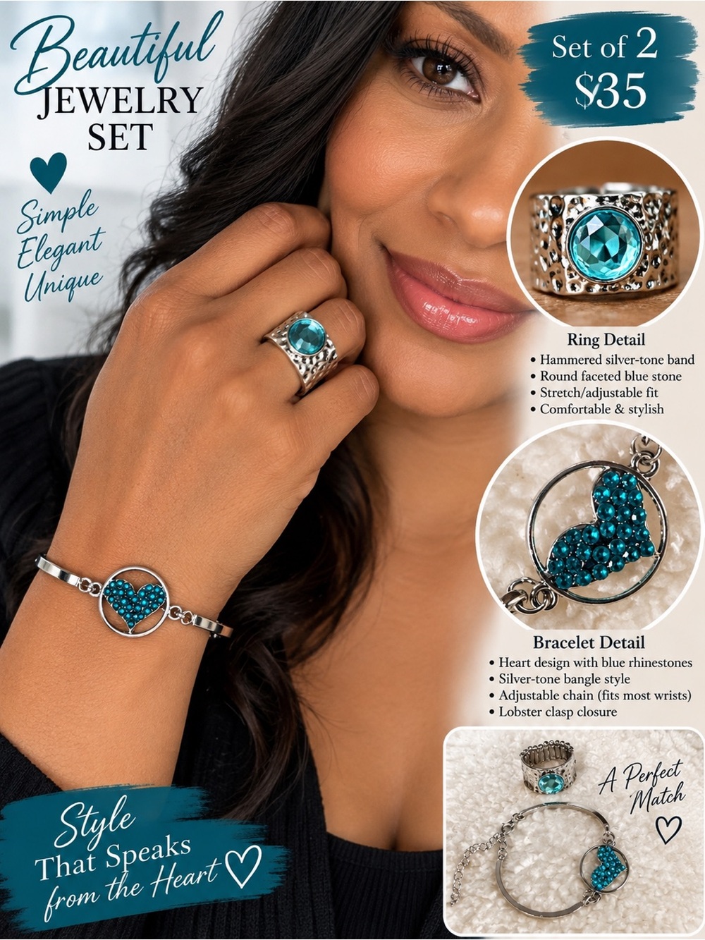Blue Heart Bracelet and Ring Jewelry Set - Women